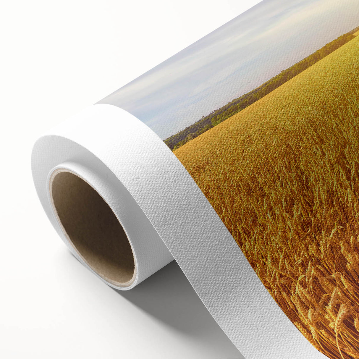 Rolled canvas artwork showcasing a vibrant landscape design with lush green fields and a bright blue sky, perfect for enhancing modern home decor.