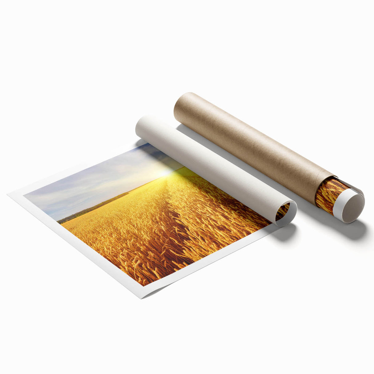 Vibrant rolled print of a serene landscape featuring lush green fields and a blue sky, ideal for home décor or office spaces, showcasing natural beauty and tranquility.