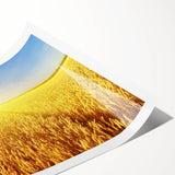 Vibrant rolled canvas print showcasing a serene landscape with lush green fields and a clear blue sky, ideal for home decor and interior design accents.