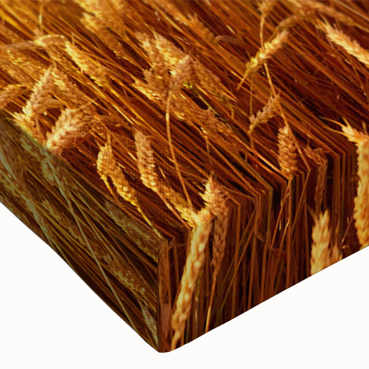 Close-up of a stretched canvas wall art piece showcasing vibrant landscape fields design, featuring rich greens and browns, perfect for enhancing modern decor.