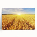 Stretched canvas wall art depicting a vibrant landscape featuring lush green fields under a clear blue sky, designed for home decor or office settings.