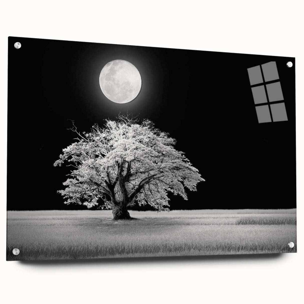 Acrylic glass wall art piece showcasing a vibrant landscape of rolling fields, featuring rich greens and yellows with decorative pins for easy mounting. Perfect for enhancing modern home decor.