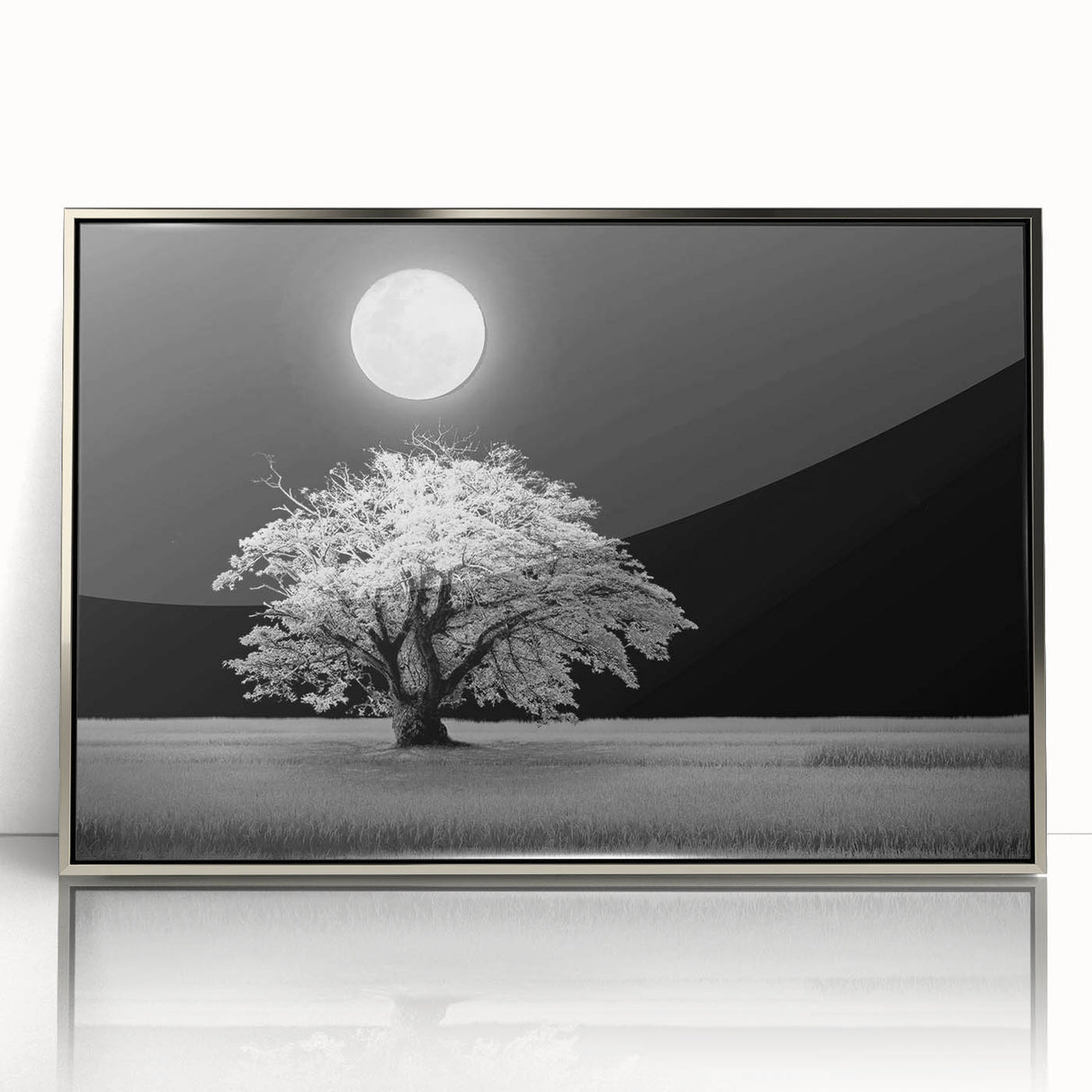 Framed acrylic wall art featuring a serene landscape with vibrant green fields and a silver border, ideal for modern home decor and uplifting ambiance.