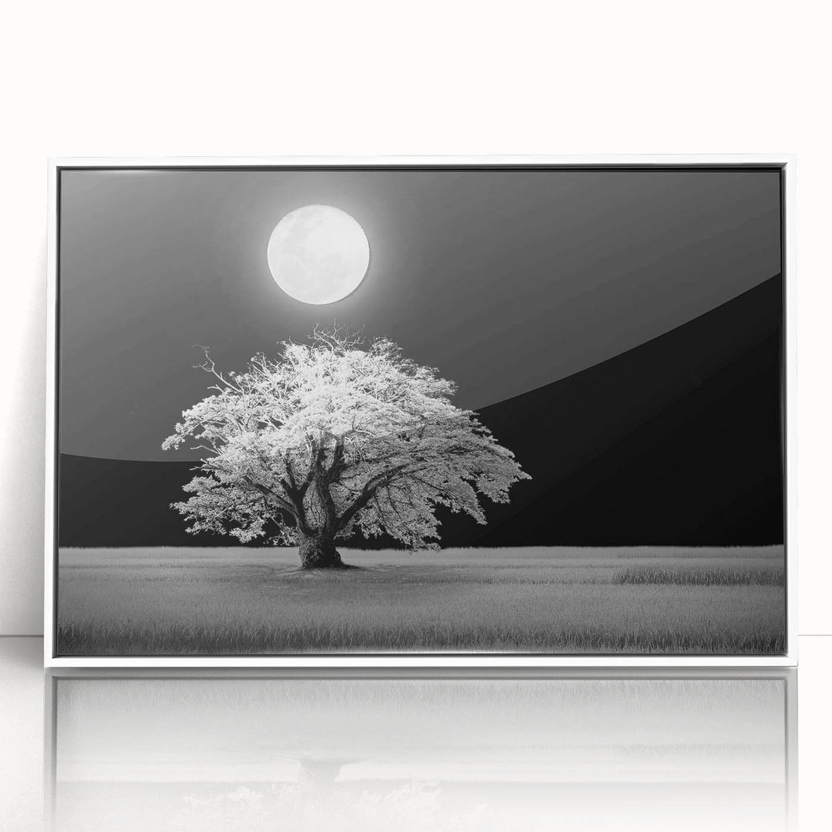 Framed acrylic wall art depicting a serene landscape of golden fields under a bright blue sky, perfect for modern home decor. The white frame enhances the vibrant colors and adds elegance.
