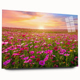 Abstract wall art collection showcasing vibrant landscapes and fields, displayed in a sleek acrylic glass frame, emphasizing rich colors and intricate designs.