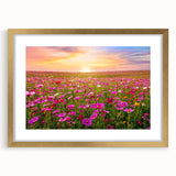 Framed wall art showcasing a serene landscape with golden matting, perfect for enhancing home decor. The piece features vibrant fields and a soothing color palette, ideal for adding a touch of nature to any room.