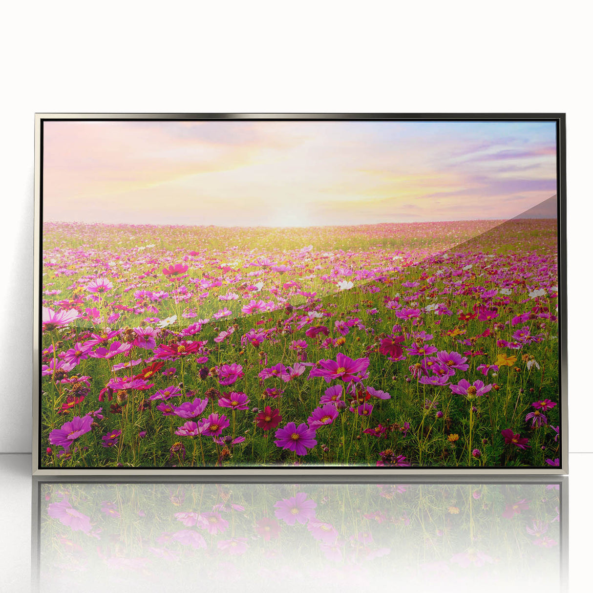 Framed wall art collection featuring a vibrant landscape design with fields in shades of green and gold, elegantly displayed in an acrylic frame with a silver finish.