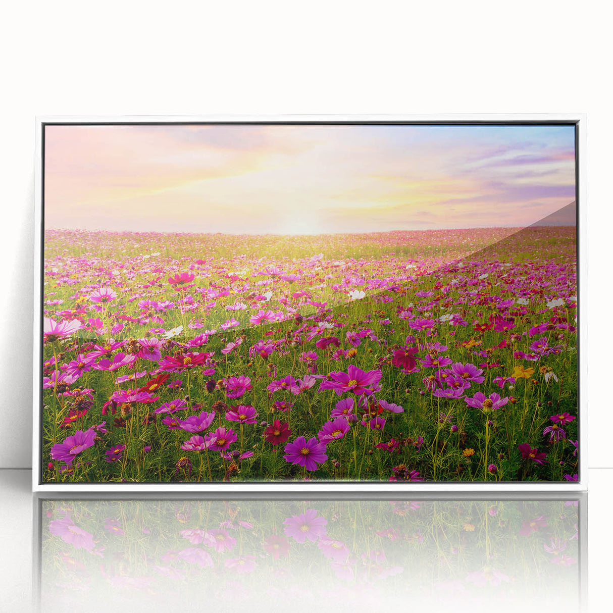 Framed acrylic wall art showcasing a vibrant landscape of rolling green fields under a bright blue sky, designed to enhance modern home decor.
