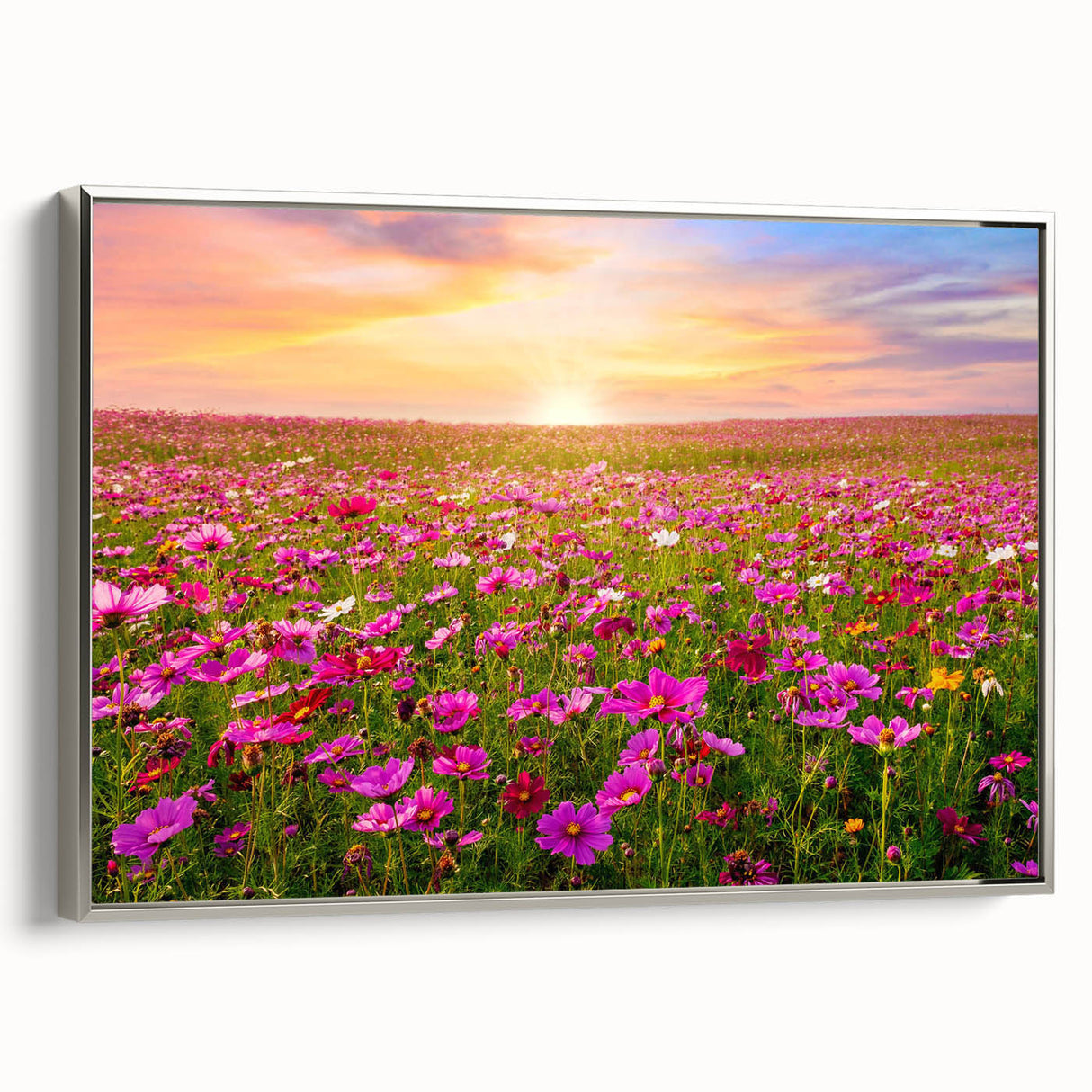 Framed canvas wall art showcasing a serene landscape design with golden fields and blue skies, elegantly bordered in silver, ideal for modern home decor.