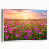 Framed canvas wall art depicting a vibrant landscape design featuring lush green fields and a clear blue sky, showcased from a side view against a white background.