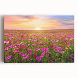 Vibrant stretched canvas artwork showcasing a serene landscape with rolling fields and a colorful sky, ideal for home decor and artistic ambiance.