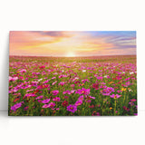 Stretched canvas wall art collection showcasing vibrant landscapes and fields design, elegantly leaning against a wall, ideal for modern home decor.