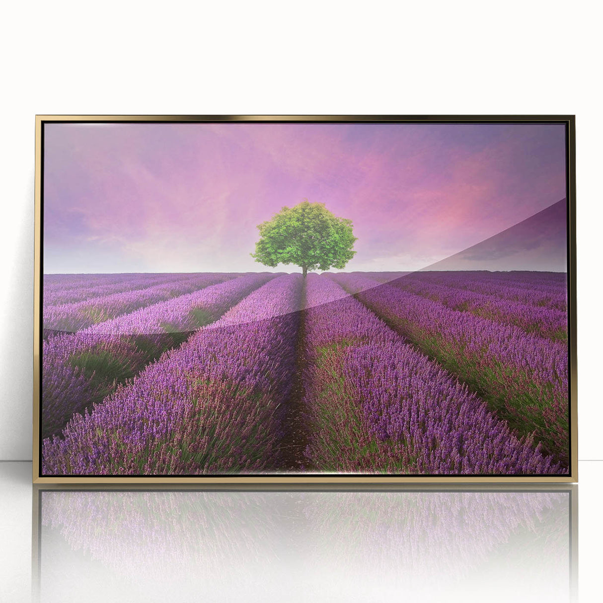 Framed acrylic wall art featuring a vibrant landscape of golden fields, designed for home decor, showcasing modern artistic elements and warm color tones.