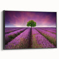 Framed wall art collection featuring a vibrant landscape design with fields, set against a black frame, showcasing a side view of the canvas. Perfect for home decor enthusiasts.