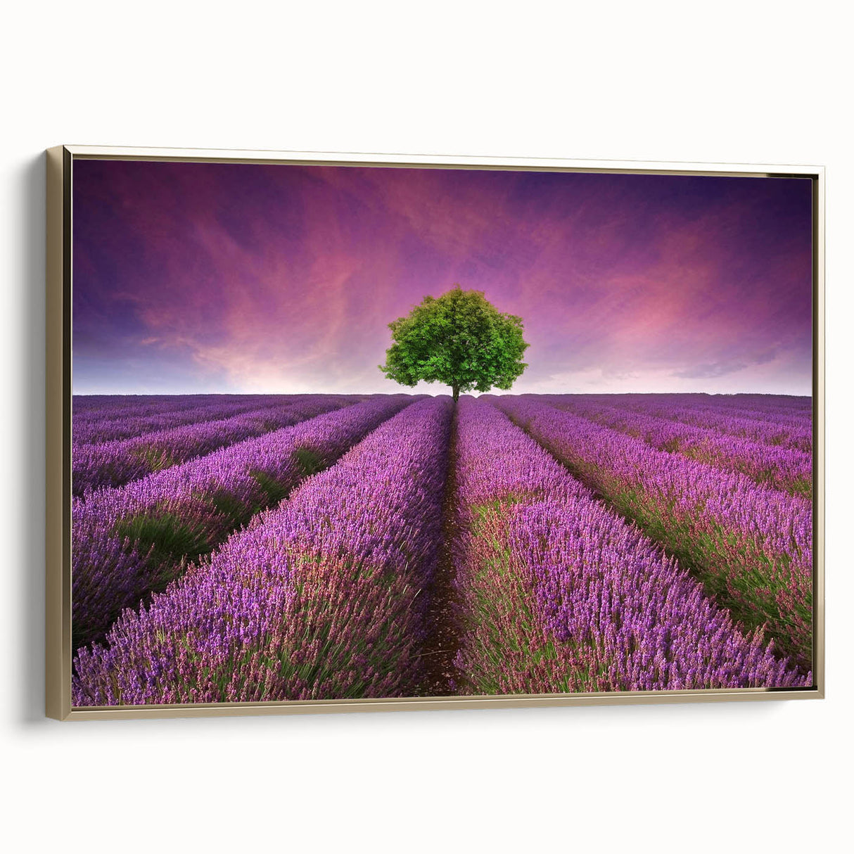 Framed canvas wall art showcasing a serene landscape with vibrant green fields, framed in gold, perfect for home decor and adding a touch of elegance.