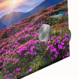 Close-up view of a vibrant acrylic glass landscape wall art piece showcasing lush green fields under a bright blue sky, perfect for home decor.