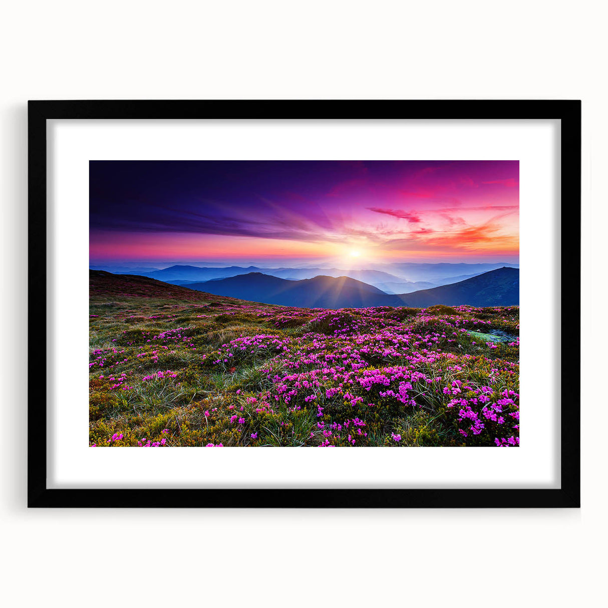 Framed wall art showcasing a serene landscape of rolling green fields, elegantly displayed in a sleek black frame with a mat, enhancing any decor.