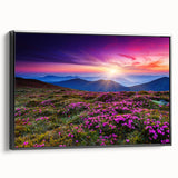 Framed canvas wall art showcasing a serene landscape scene of rolling green fields under a bright blue sky, with a sleek black frame adding elegance.