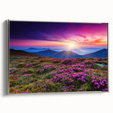 Framed canvas wall art showcasing a serene landscape of rolling fields in soft green and gold hues, accented with a sleek silver frame, ideal for home decor.