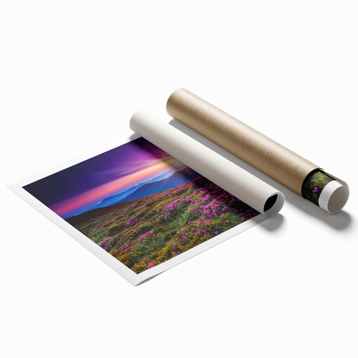 Serene landscape wall art print showcasing vibrant green fields under a clear blue sky, rolled and ready for display in a stylish home or office setting.