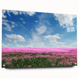 Acrylic wall art collection showcasing vibrant landscapes and fields design, displayed in a side view with decorative pins, perfect for modern home decor.