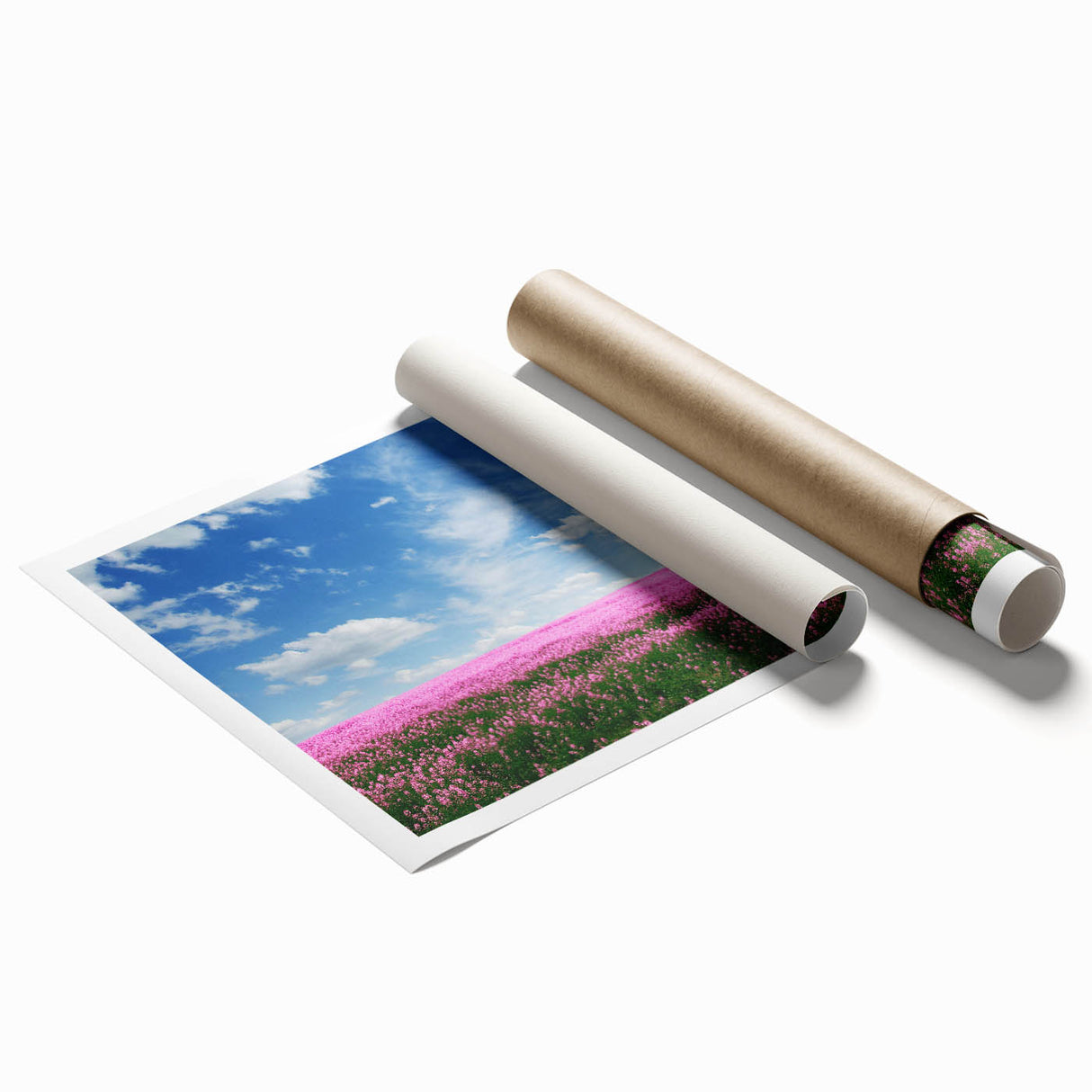 Vibrant landscape wall art print showcasing rolling green fields under a bright blue sky, designed to enhance contemporary home decor. Perfect for art enthusiasts.