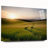 Acrylic glass wall art piece showcasing a vibrant landscape design with lush green fields and a serene blue sky, ideal for modern home décor.