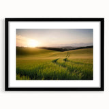 Framed wall art collection showcasing abstract landscape fields design in vibrant colors, featuring a sleek black frame with a white mat, ideal for modern decor.