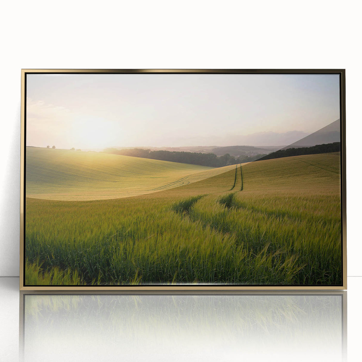 Framed acrylic wall art featuring vibrant landscape fields design with gold accents, displayed from the front for an elegant home decor look. Ideal for modern interiors.