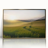Framed acrylic wall art featuring vibrant landscape fields design with gold accents, displayed from the front for an elegant home decor look. Ideal for modern interiors.