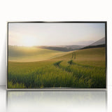 Framed acrylic wall art featuring a serene landscape of fields, designed in soft silver tones, showcasing natural beauty in a modern presentation, perfect for home decor.