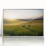 Framed acrylic wall art featuring a vibrant landscape design with lush green fields and a serene blue sky, showcased in a sleek white frame for modern decor.