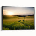 Framed canvas wall art showcasing a serene landscape design with vibrant fields and a black frame, viewed from the side, perfect for modern home decor.