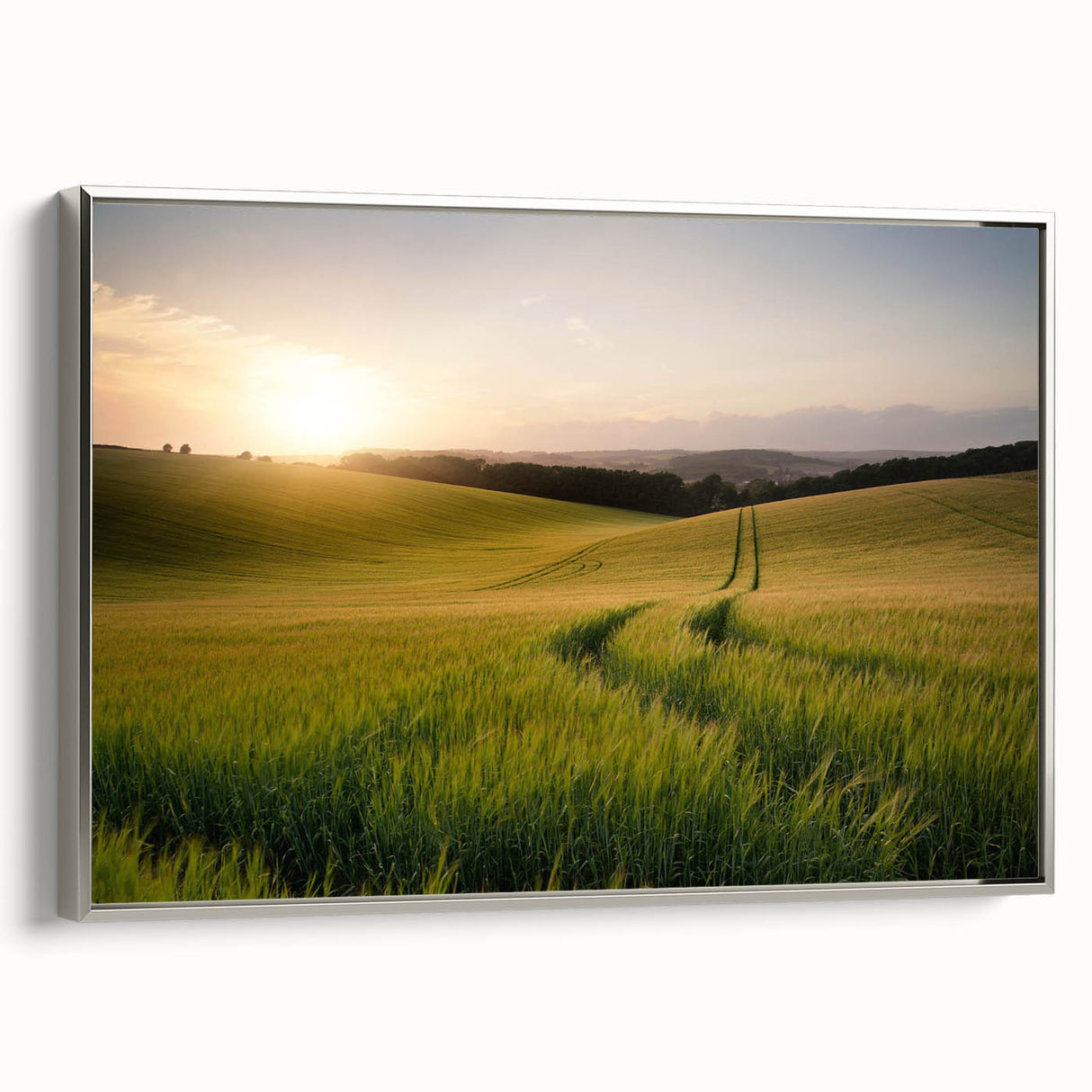 Framed canvas wall art collection showcasing a serene landscape of fields, featuring vibrant green and golden hues with a sleek silver frame, ideal for home decor.
