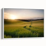Framed canvas wall art showcasing a serene landscape design with vibrant green fields and blue skies, presented from a white side view, perfect for home decor.