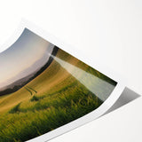 Vibrant rolled canvas featuring a serene landscape of lush green fields under a clear blue sky, designed for wall decor, elegantly packaged in a protective tube.