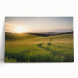 Stretched canvas artwork showcasing a vibrant landscape of rolling fields under a blue sky, perfect for home decor and modern interior design inspiration.