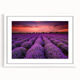 Framed wall art featuring a serene landscape with fields, presented in a white mat and frame, ideal for home decor and interior design accents.