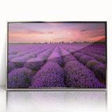 Framed wall art piece showcasing a vibrant landscape design with fields and mountains, featuring a sleek silver frame that complements modern decor. Ideal for enhancing living spaces.