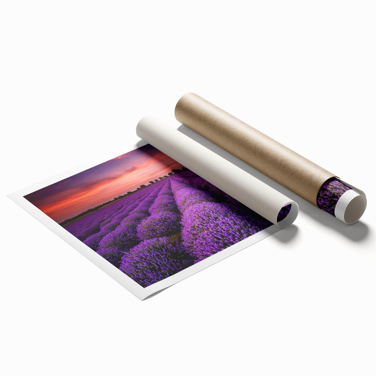 Vibrant rolled print showcasing a scenic landscape design with lush green fields and a serene sky, perfect for home decor. Packaged in a protective tube for easy storage.