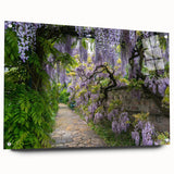 Acrylic glass wall art collection showcasing a vibrant landscape and garden design, viewed from the side with decorative pins, perfect for modern home decor.