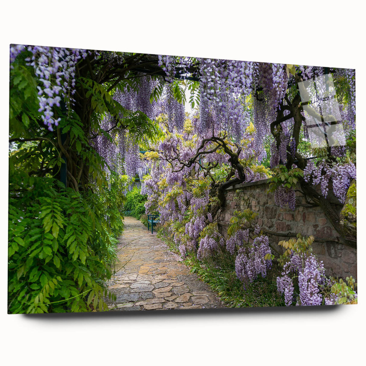 Acrylic glass wall art piece showcasing a vibrant landscape garden design, featuring rich colors and intricate details, perfect for enhancing modern interiors.
