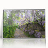 Framed acrylic wall art showcasing a vibrant landscape garden design, featuring lush greenery and colorful flowers in a modern white frame, ideal for home decor.