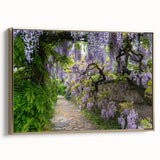 Framed wall art collection showcasing a vibrant landscape garden design with gold accents, featuring lush greenery and colorful flowers in a contemporary style.