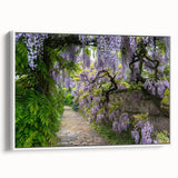 Framed canvas wall art showcasing a vibrant landscape garden design in rich greens and blues, elegantly displayed on a white background, perfect for home decor.