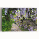 Vibrant stretched canvas wall art showcasing a serene landscape garden design, featuring lush greenery and a tranquil blue sky, perfect for home decor.