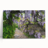 Stretched canvas artwork showcasing a vibrant landscape garden design, featuring lush greenery and colorful flowers, perfect for home decor and interior design enthusiasts.