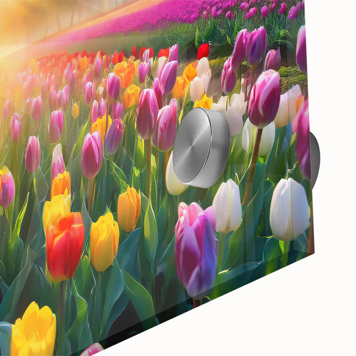 Close-up view of a vibrant acrylic wall art piece showcasing a colorful landscape garden design, framed elegantly with a glossy finish, perfect for home decor.