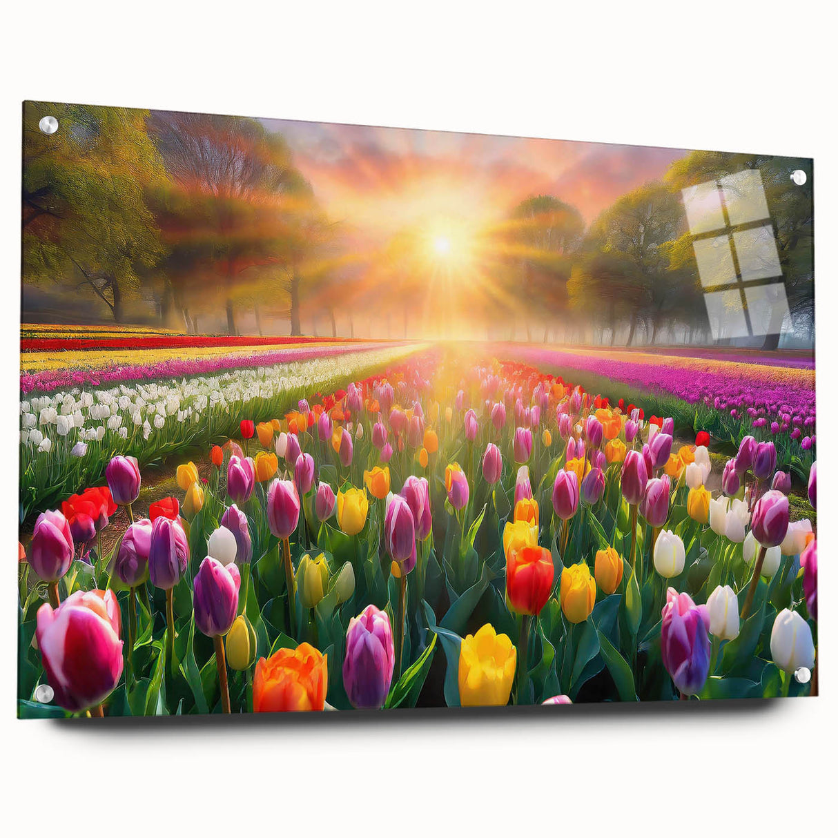 Acrylic glass wall art collection showcasing a vibrant landscape and garden design, displayed in a side view with decorative pins for hanging, perfect for home decor.