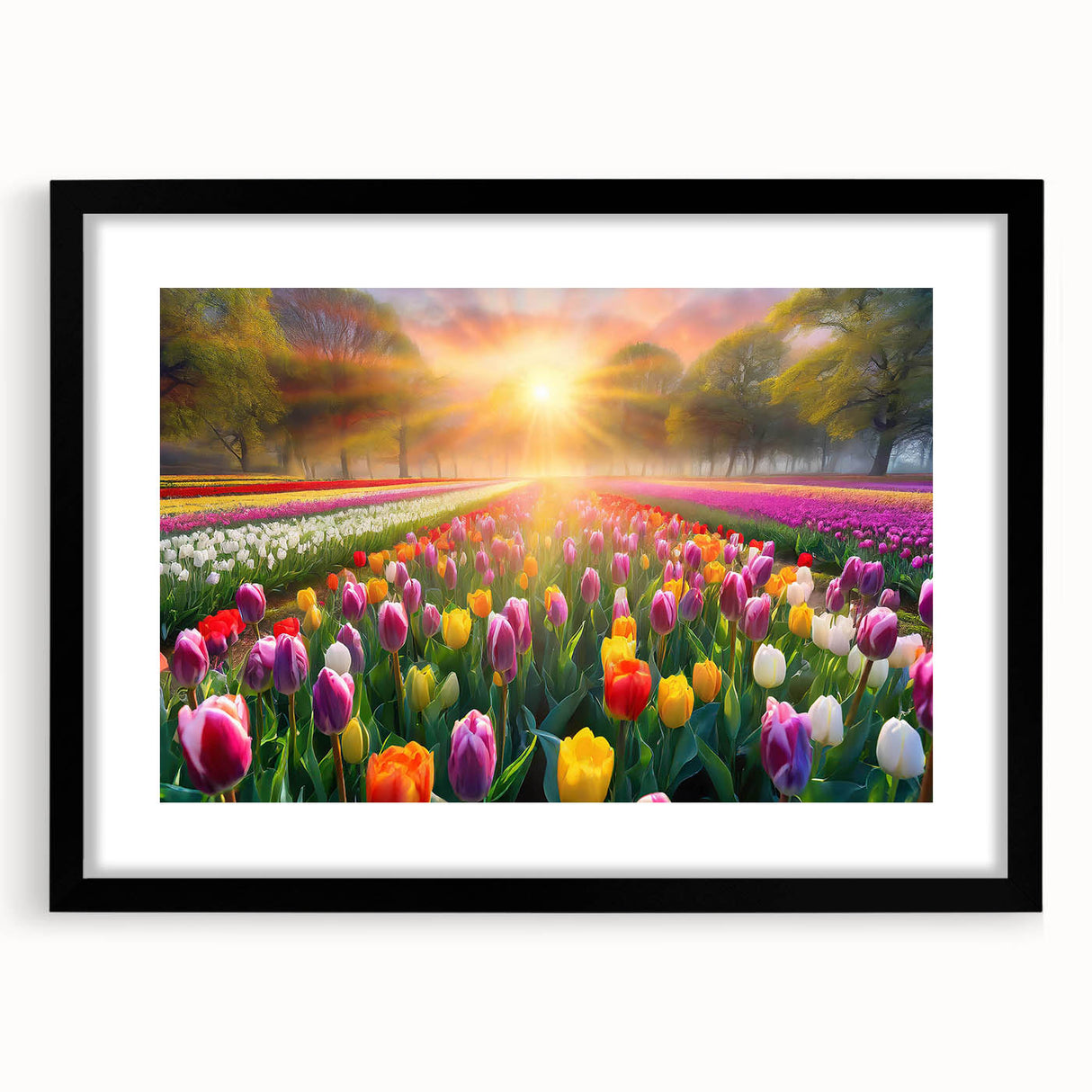 Framed wall art collection showcasing a serene landscape garden design, featuring lush greenery and vibrant flowers in a black mat frame, perfect for home decor.
